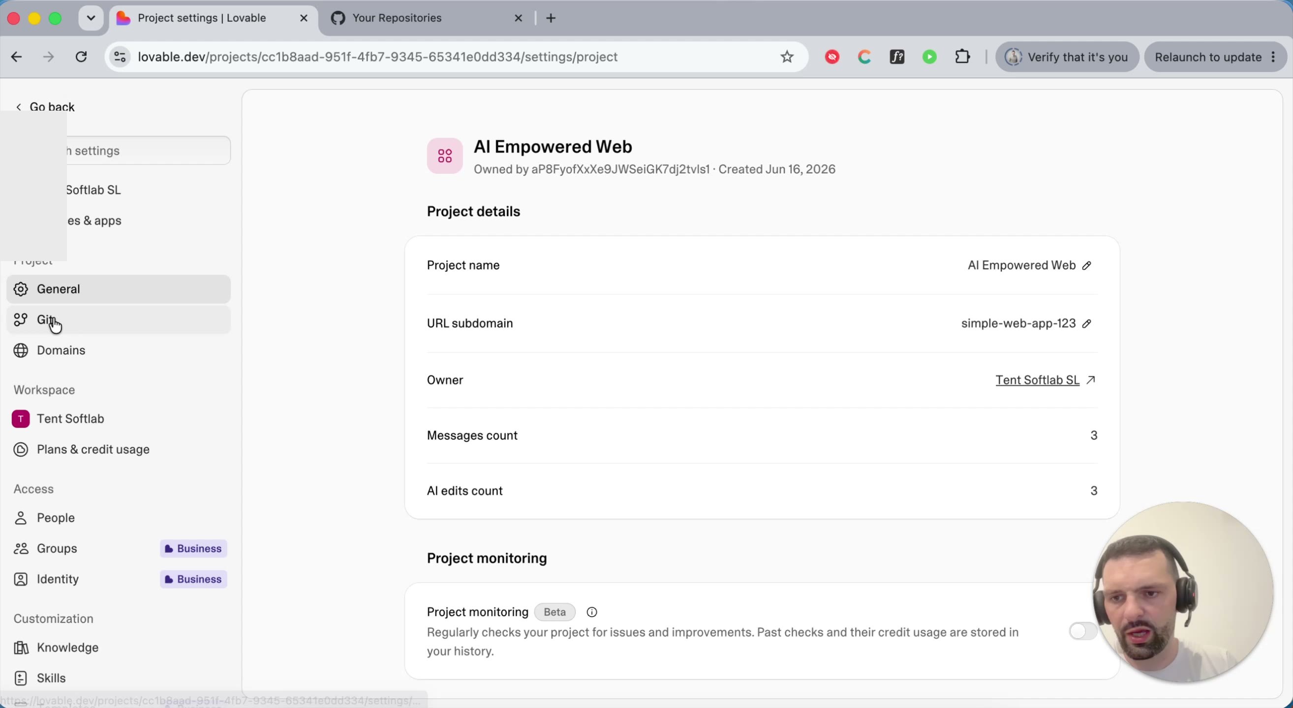 Project settings General tab with the Git nav item highlighted