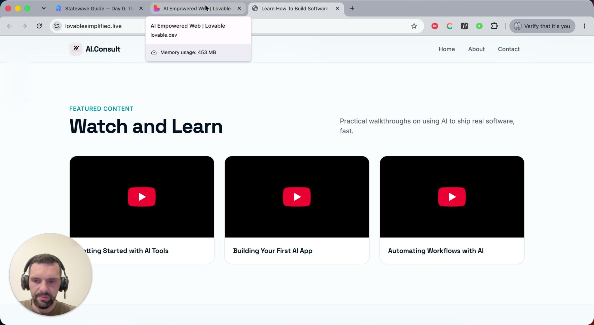 The static "Watch and Learn" section with three hard-coded video cards