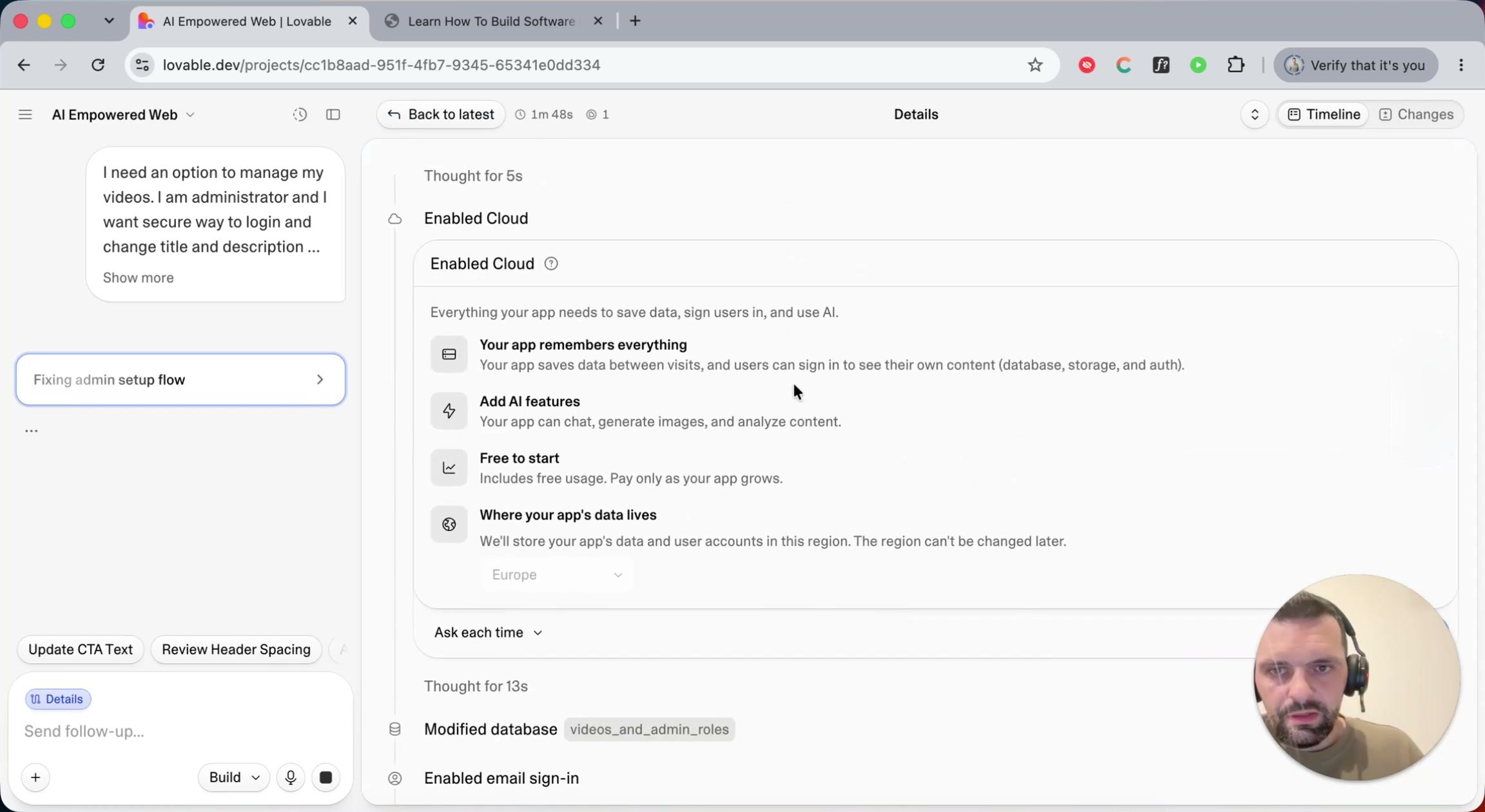 Lovable's activity log: enabling Cloud, modifying the database, enabling email sign-in