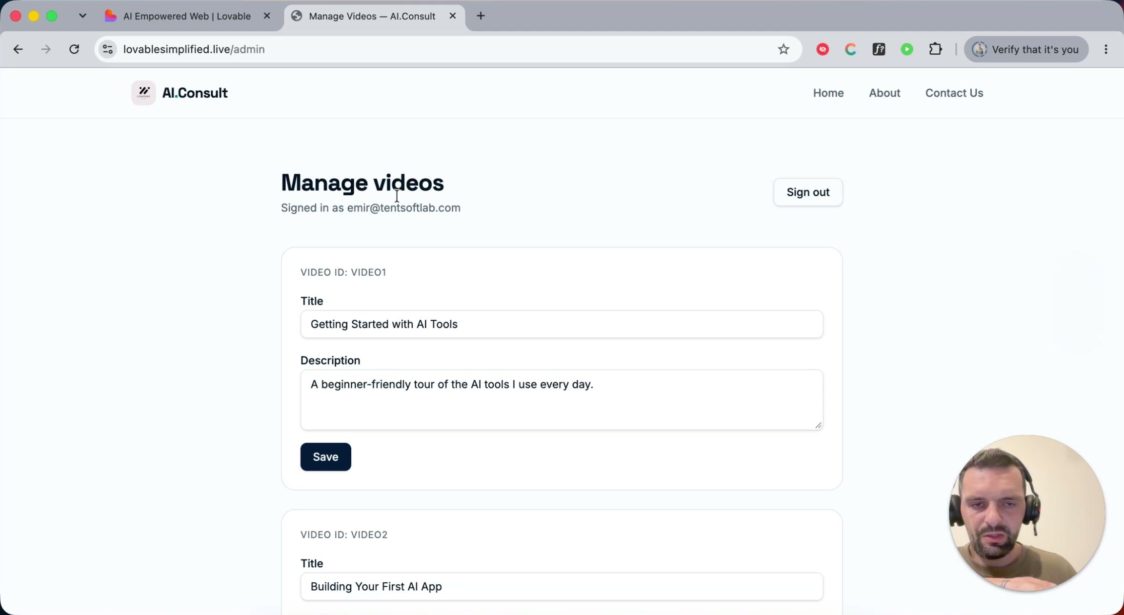 The first version of the admin page: edit title and description, nothing else