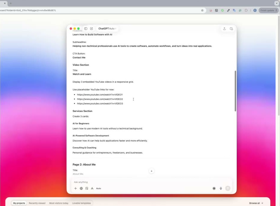 ChatGPT generating a structured Lovable prompt from a rough idea