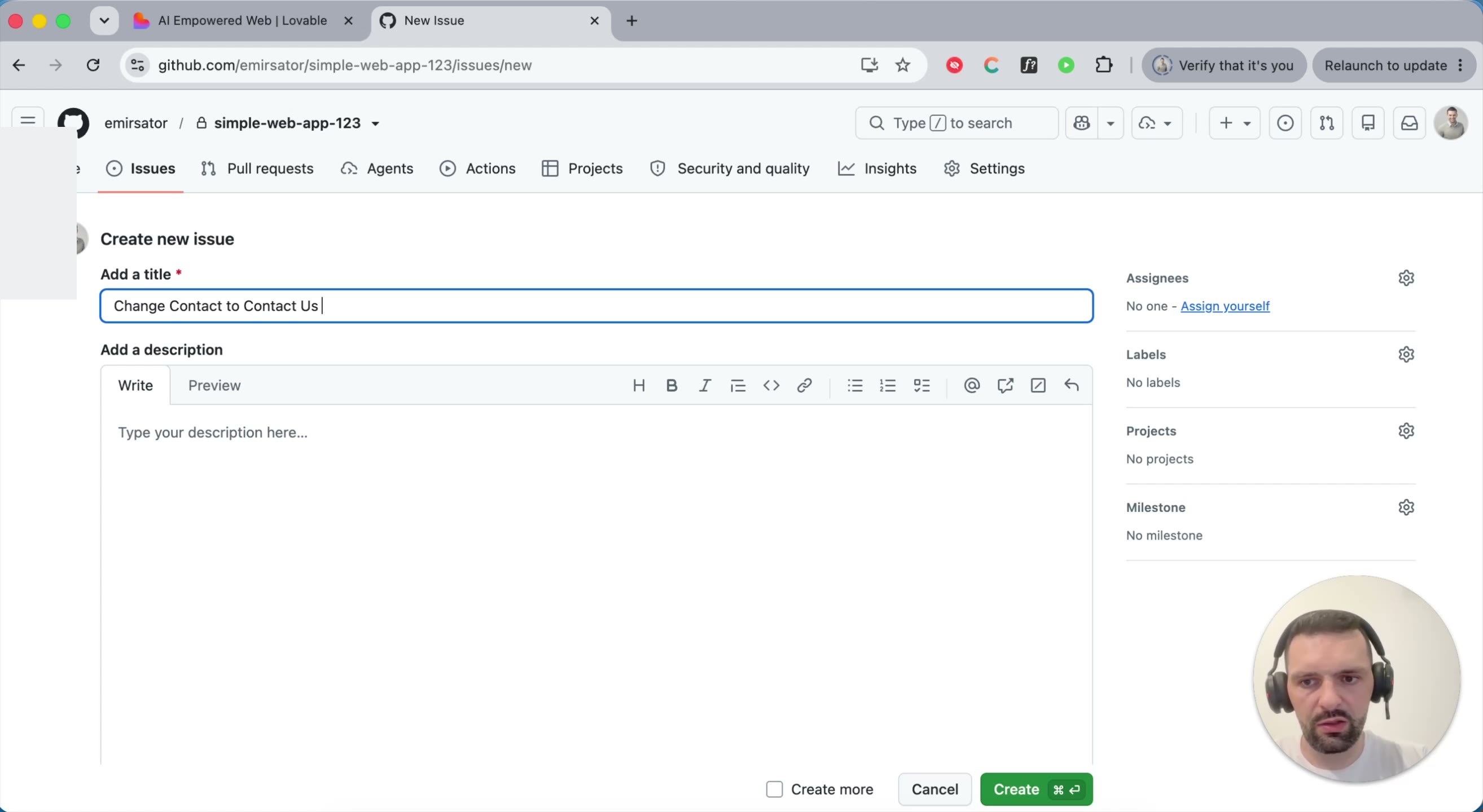 Creating a new GitHub issue titled "Change Contact to Contact Us"
