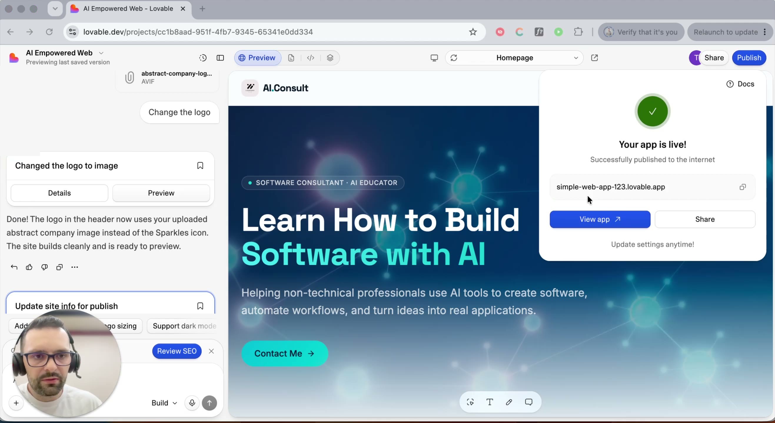 Confirmation screen: Your app is live
