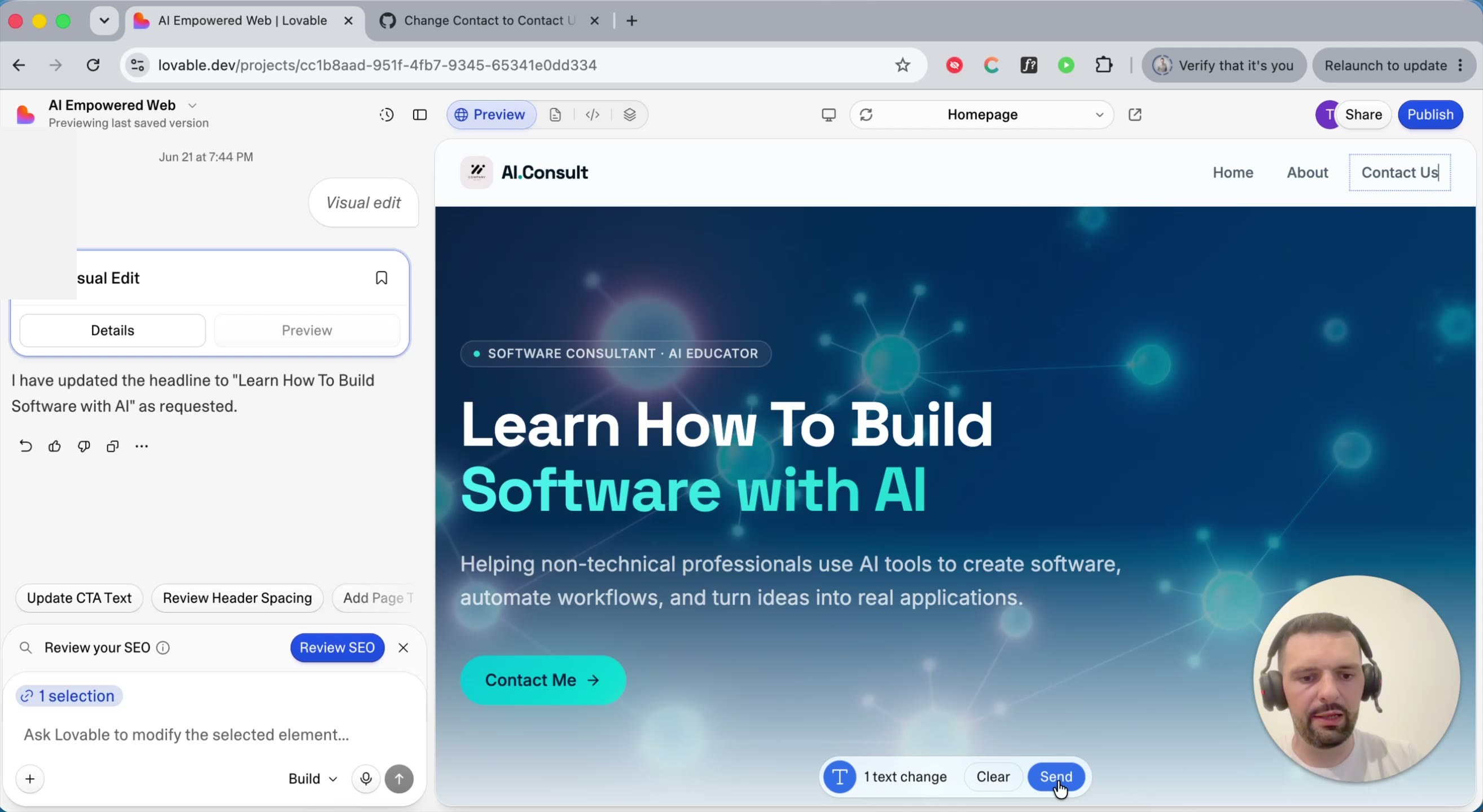 Selecting the Contact nav link directly in Lovable's visual editor