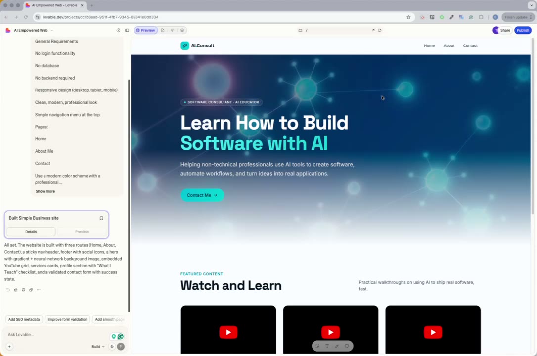 First generated website with hero section and video grid