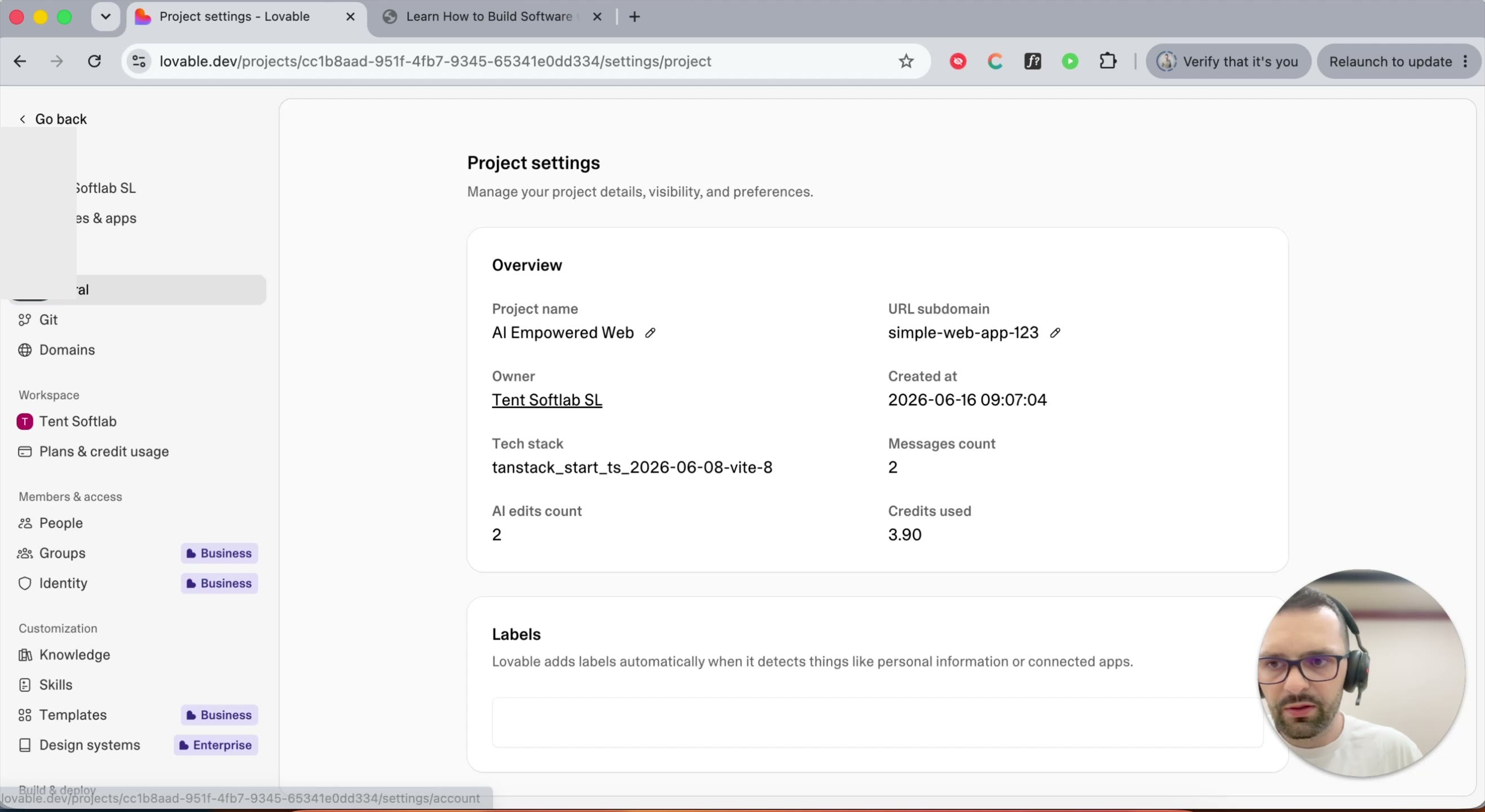 Project settings page opened to the General tab