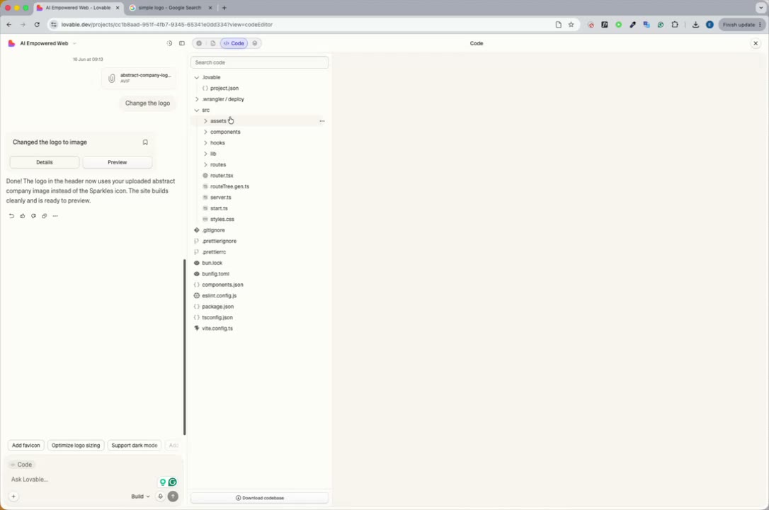 Code tab showing the generated project's file structure