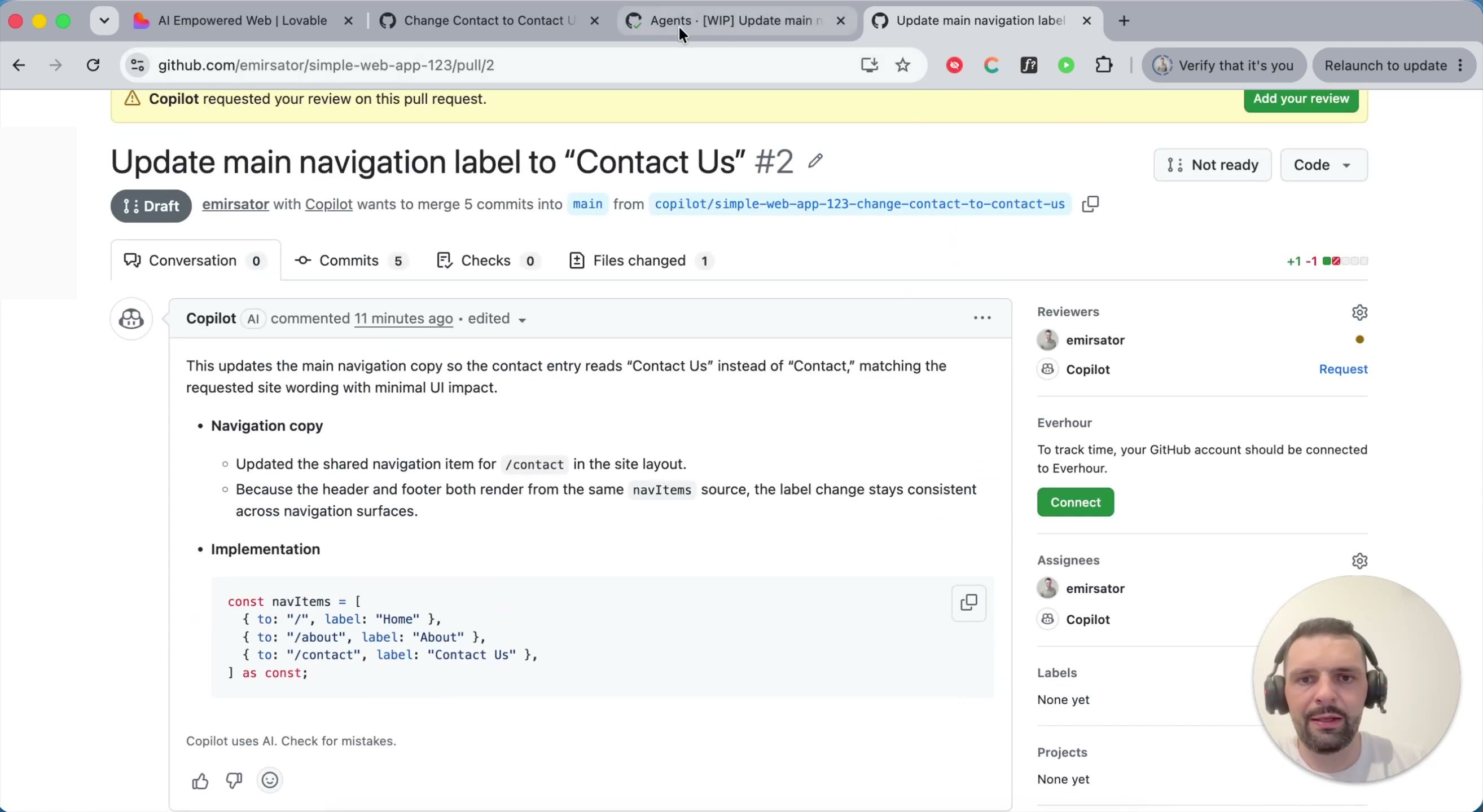 Draft pull request from Copilot describing the navigation label change