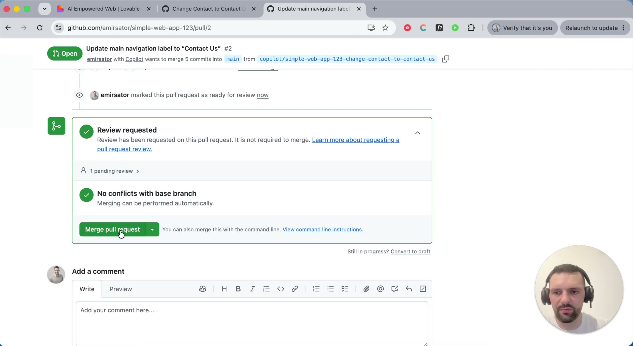 Merge pull request button with no conflicts detected