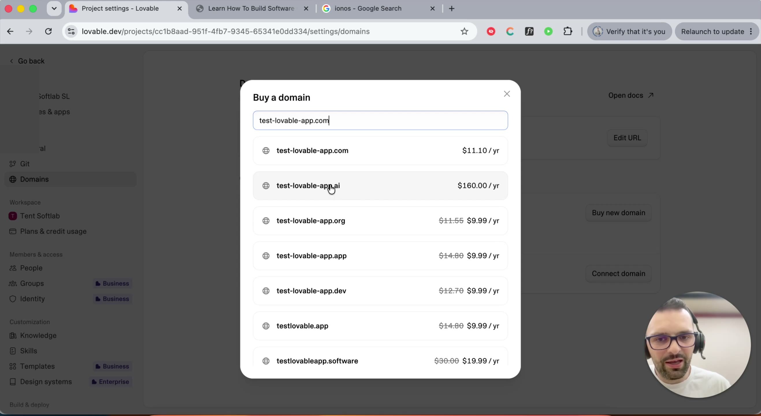 Buy a domain modal showing pricing across different endings