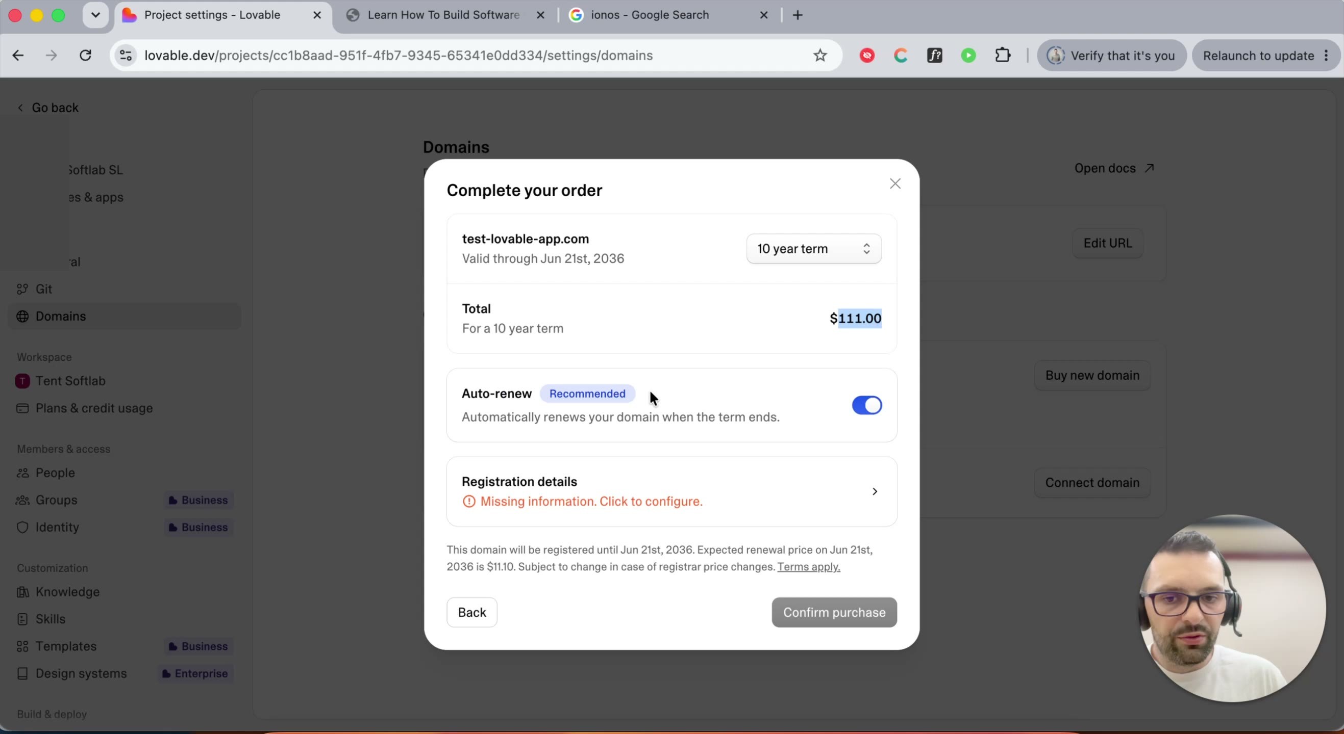 Complete your order screen showing a 10-year term and auto-renew enabled