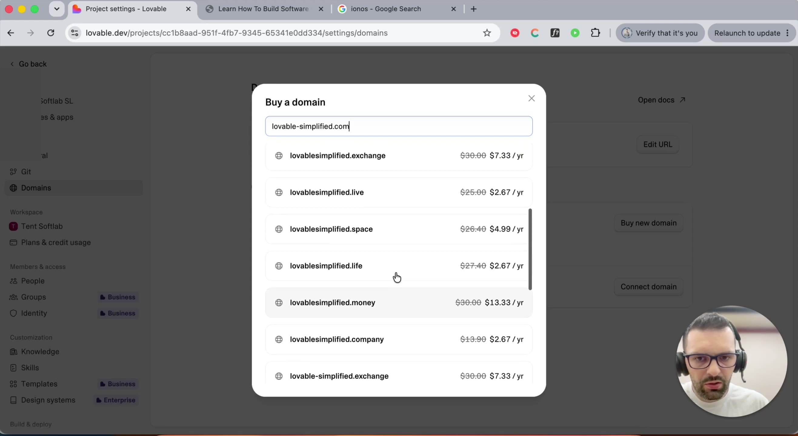 Domain search results for your project's name